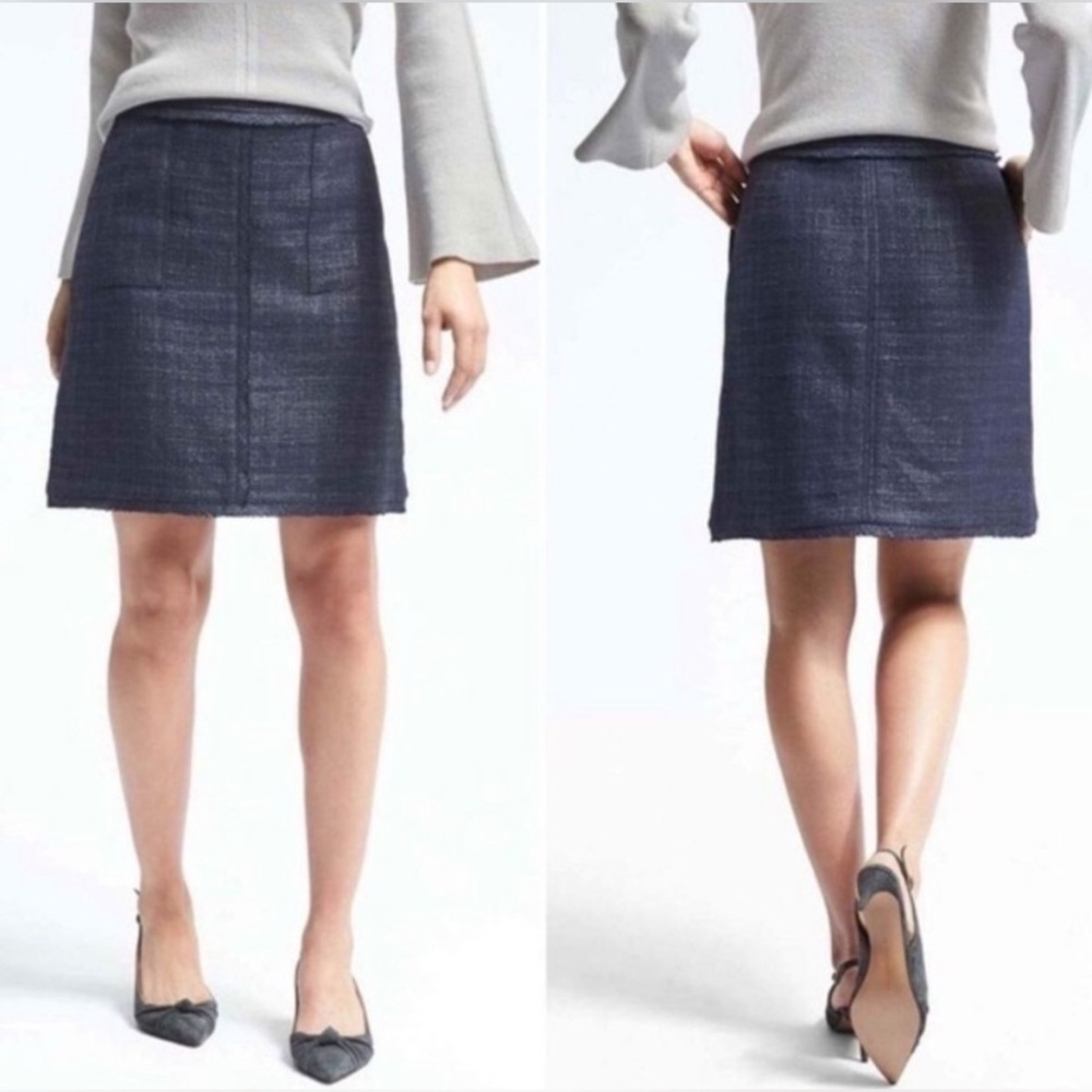 Banana Republic Tweed Navy Blue Skirt Fringe Pockets A-Line Pencil Office Size 8